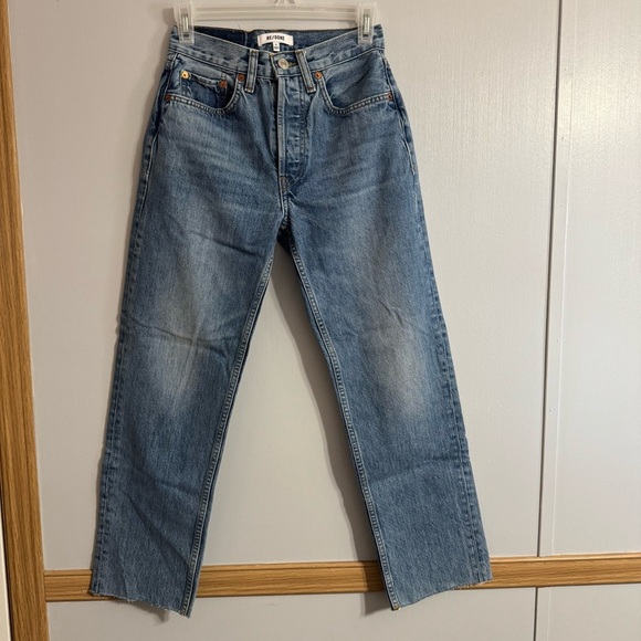 Re/Done 70s Stove Pipe High Rise Jeans in Medium Vain Wash Size 24 - Picture 1 of 11
